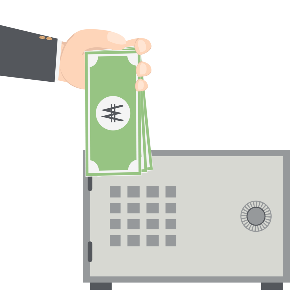 bussinesman hand holding money for saving in safe deposit box png