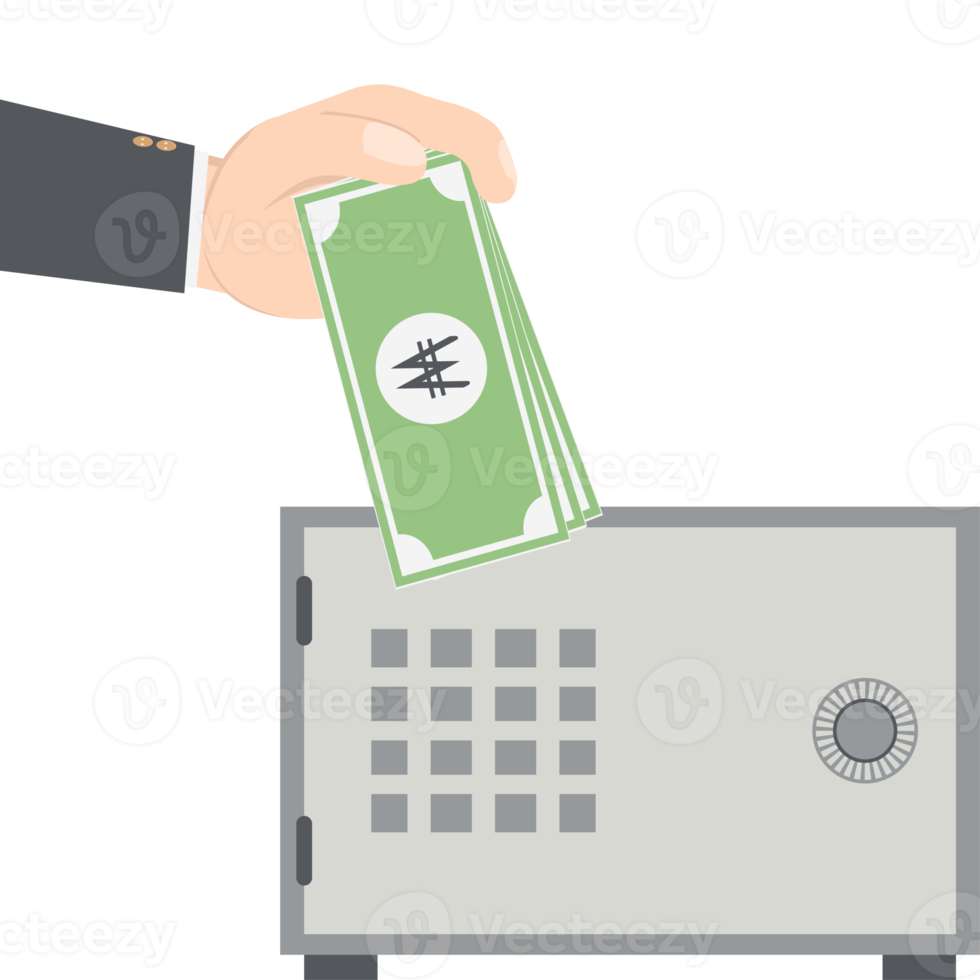 bussinesman hand holding money for saving in safe deposit box png