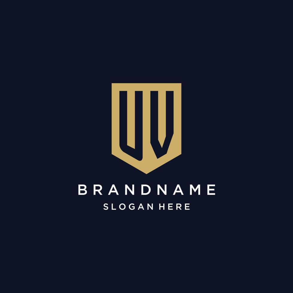 UV monogram initials logo design with shield icon vector