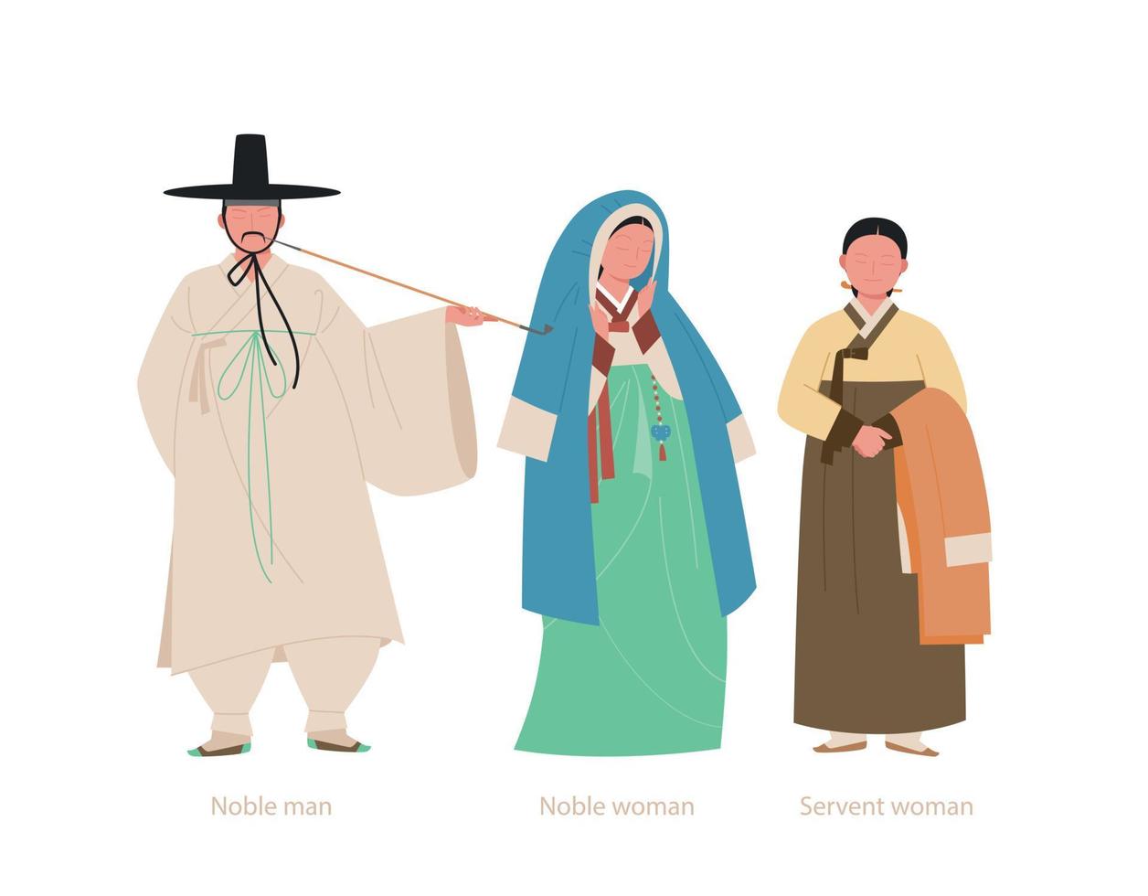 disfraces de hombres y mujeres nobles y sirvientes de la antigua nación de corea, joseon. ilustración vectorial dibujada a mano. vector