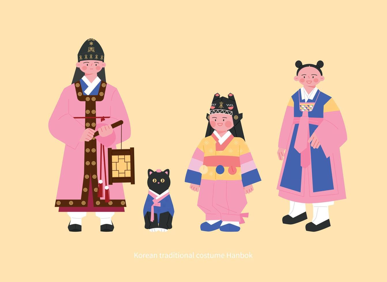 Costumes of the Joseon Dynasty. Cute children wearing various hanbok. hand drawn vector illustration.