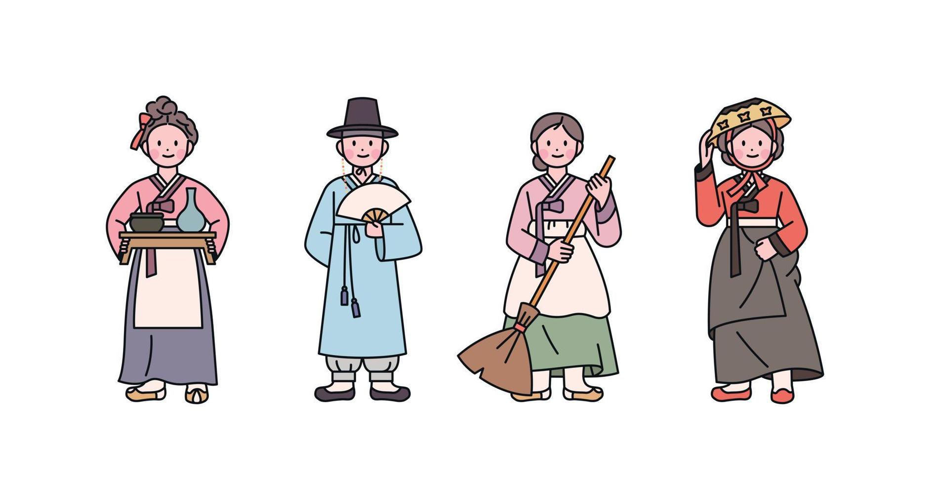 Joseon, an old Korean nation. Pub owner, jobless man, servant, entertainer costume characters. vector