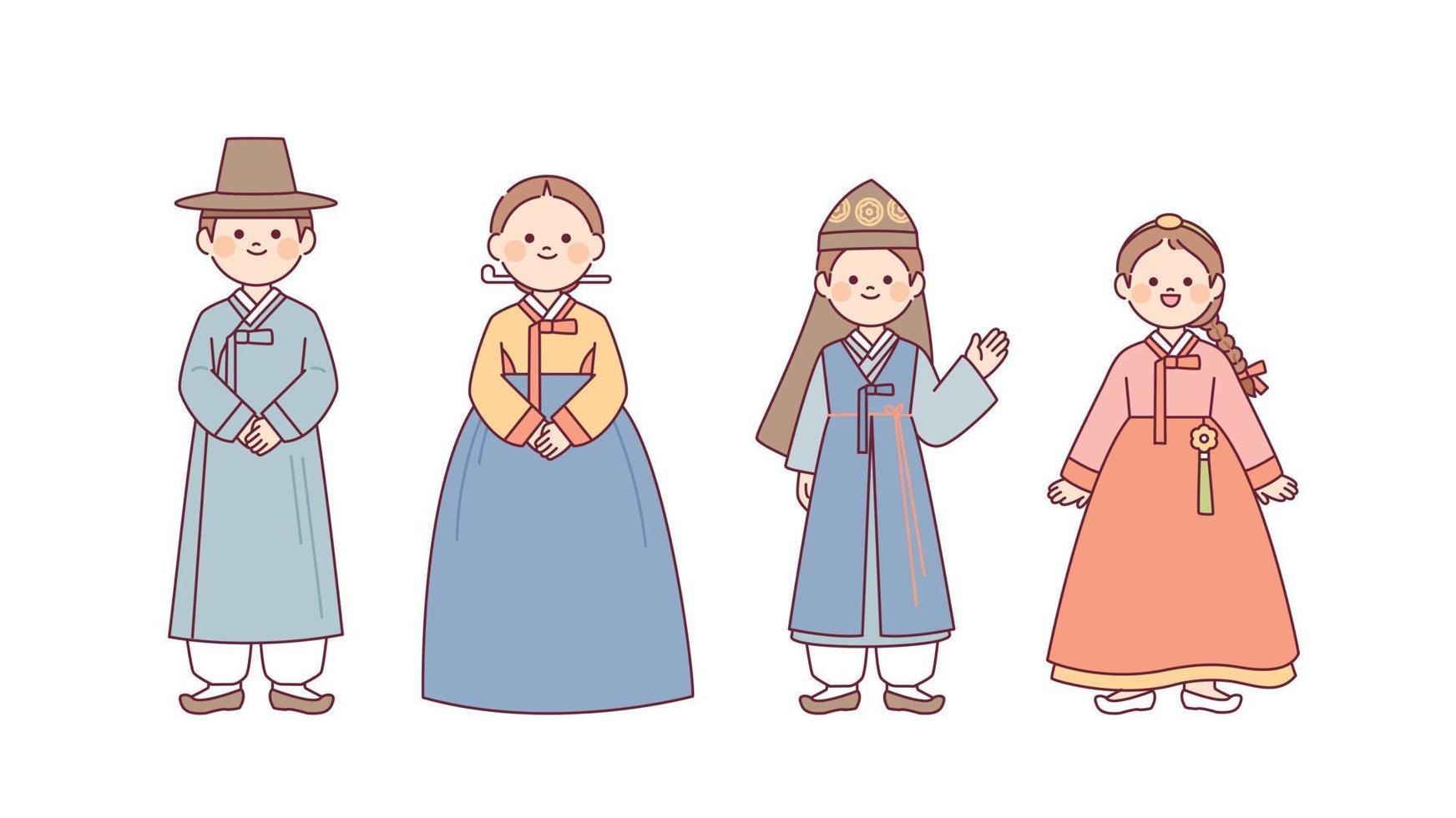 trajes de la antigua nación de corea, joseon. hanbok para hombres y mujeres y hanbok para niños. vector