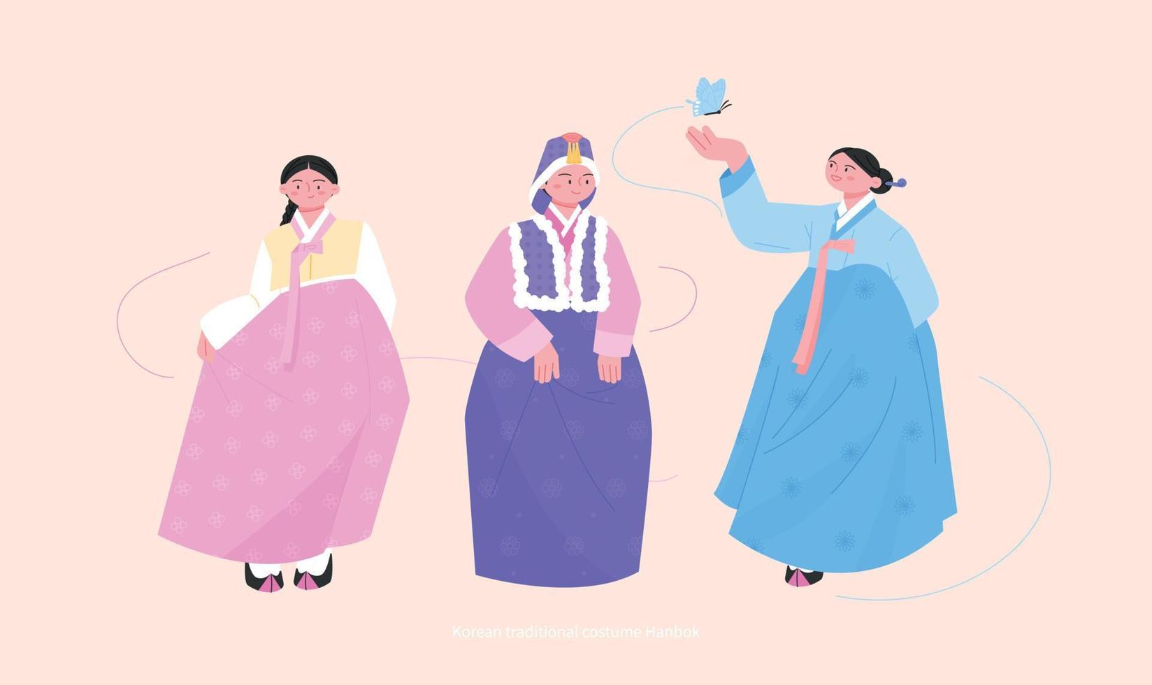 Costumes of the Joseon Dynasty. Various styles of women's hanbok. hand drawn vector illustration.