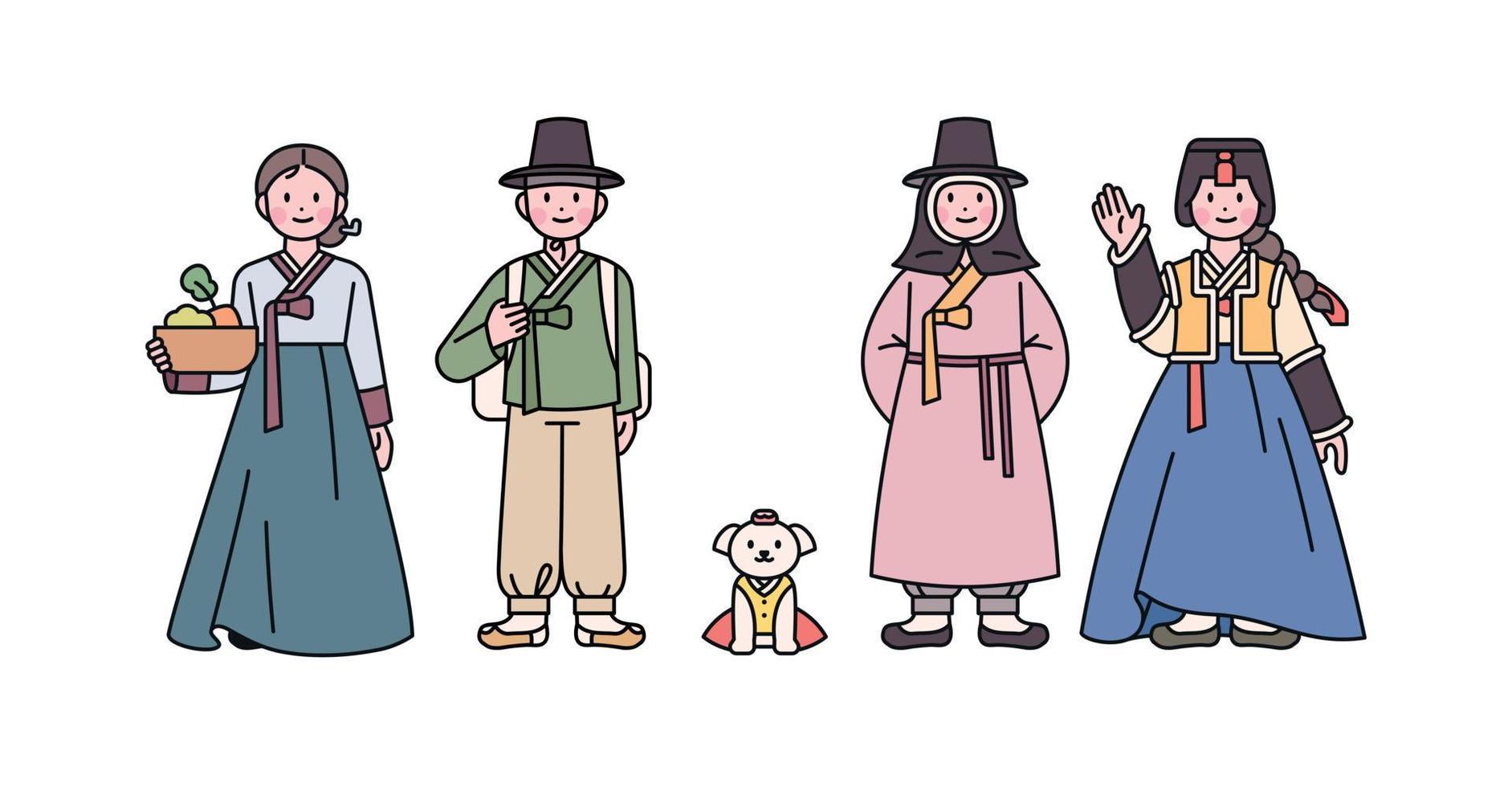 Joseon, an old Korean nation. A man and a woman wearing basic hanbok, a man and a woman wearing winter hanbok, and a dog. vector