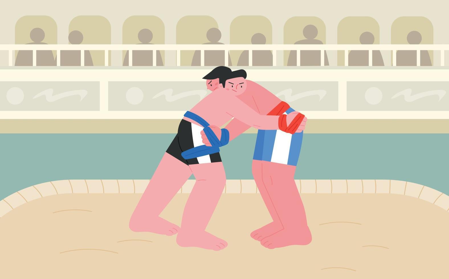 Korean traditional martial arts. Two wrestlers are ssireum on the sand. vector