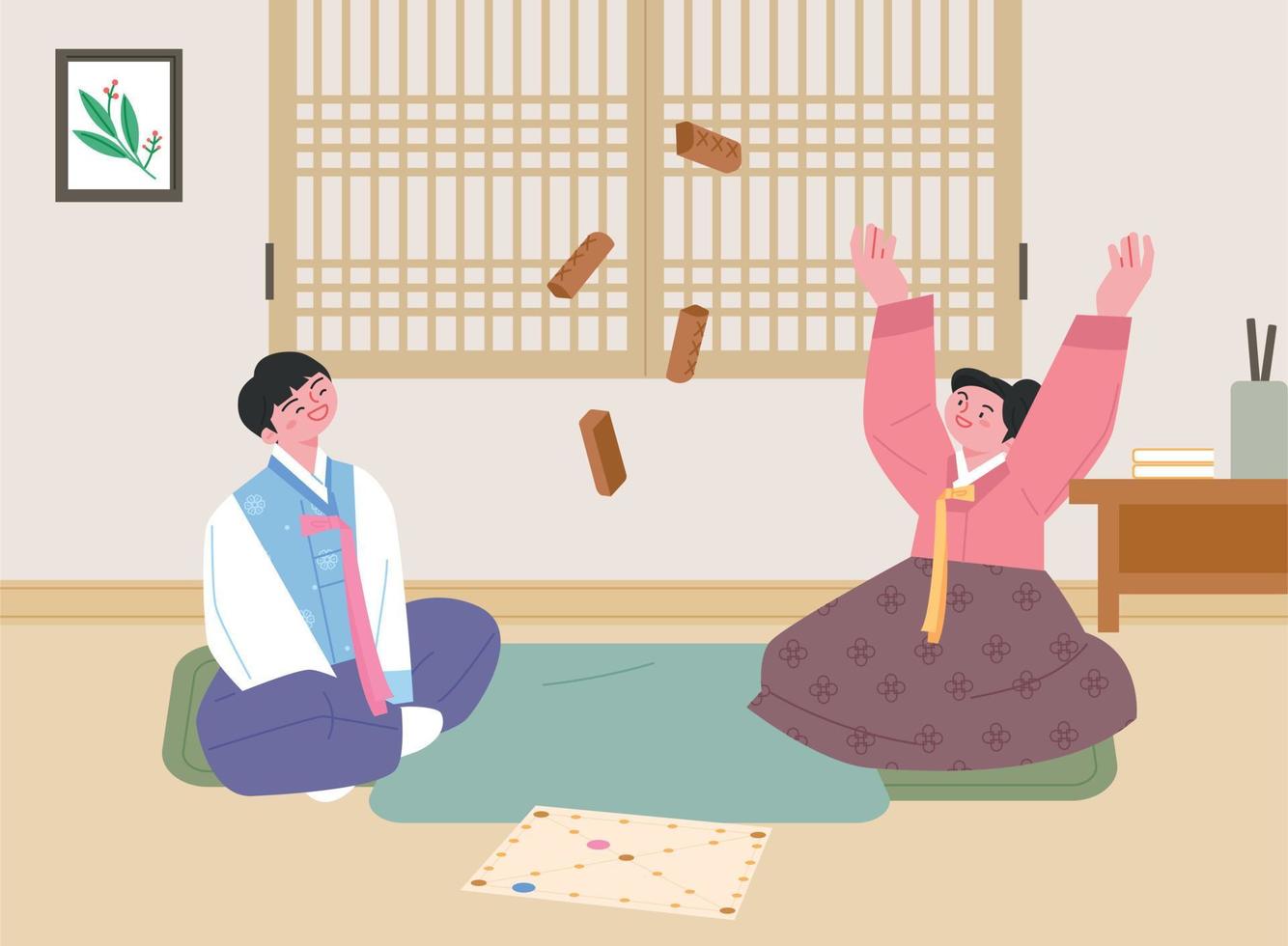 Korean traditional game. Two men and women wearing hanbok are playing Yutnori in their room. flat vector illustration.