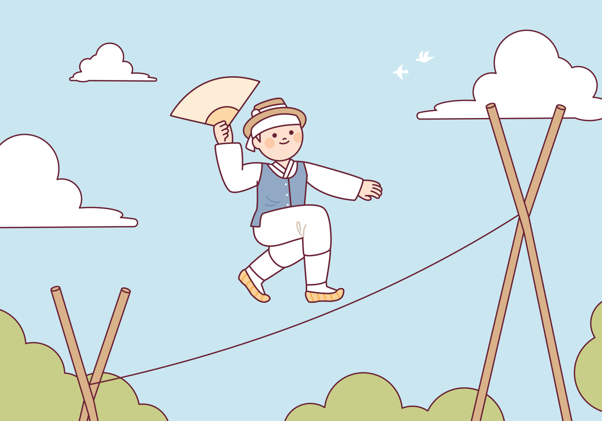 A traditional Korean circus, a tightrope walker is jumping on the rope