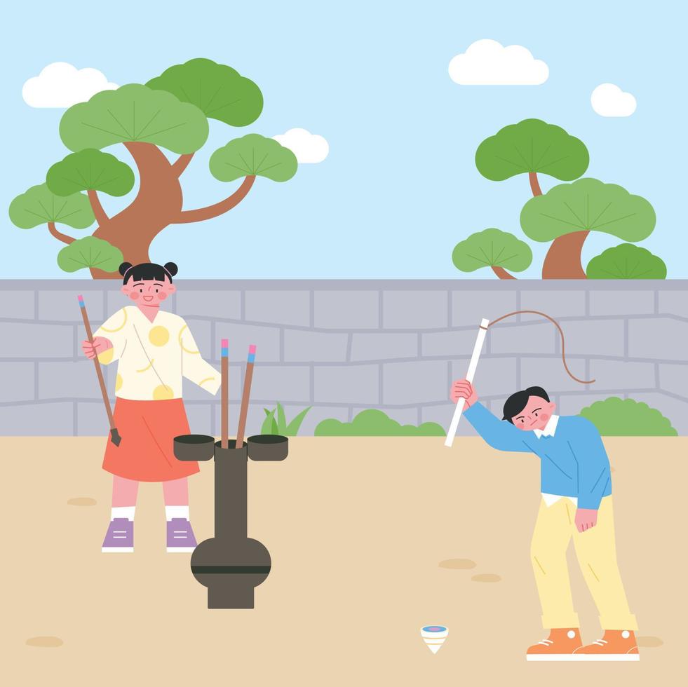 niños jugando juegos tradicionales coreanos. lanzamiento de flechas y peonza. vector