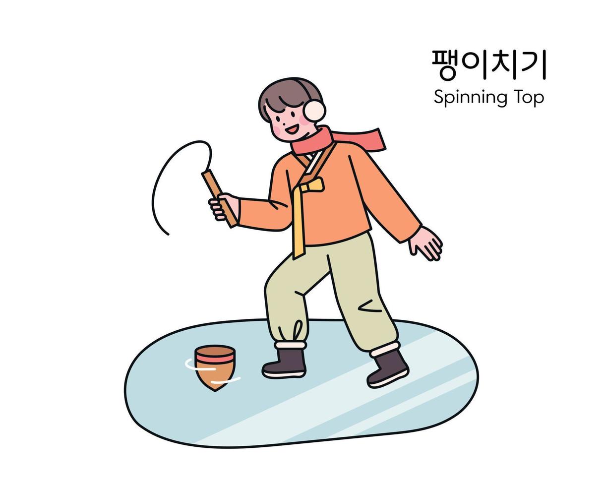 un niño que lleva un hanbok juega tops en el hielo. vector