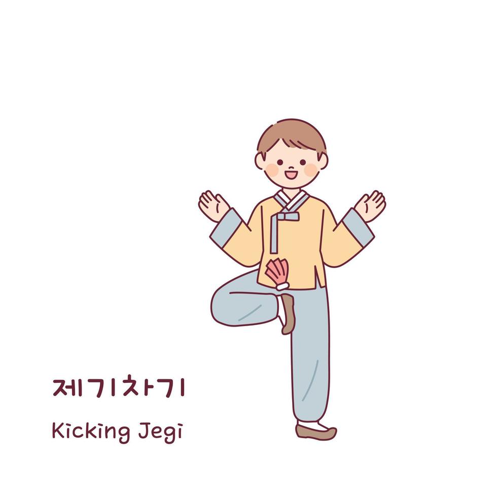 juego tradicional coreano. un niño que lleva un hanbok está jugando jegi kick. vector