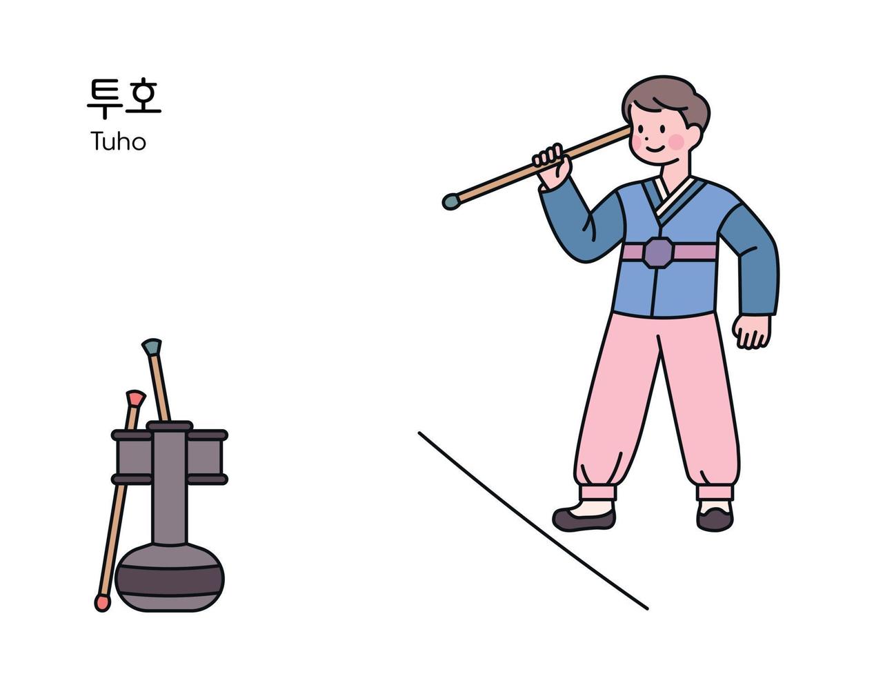 korean traditional play. A boy wearing a hanbok is playing a game of throwing an arrow into a jar. vector