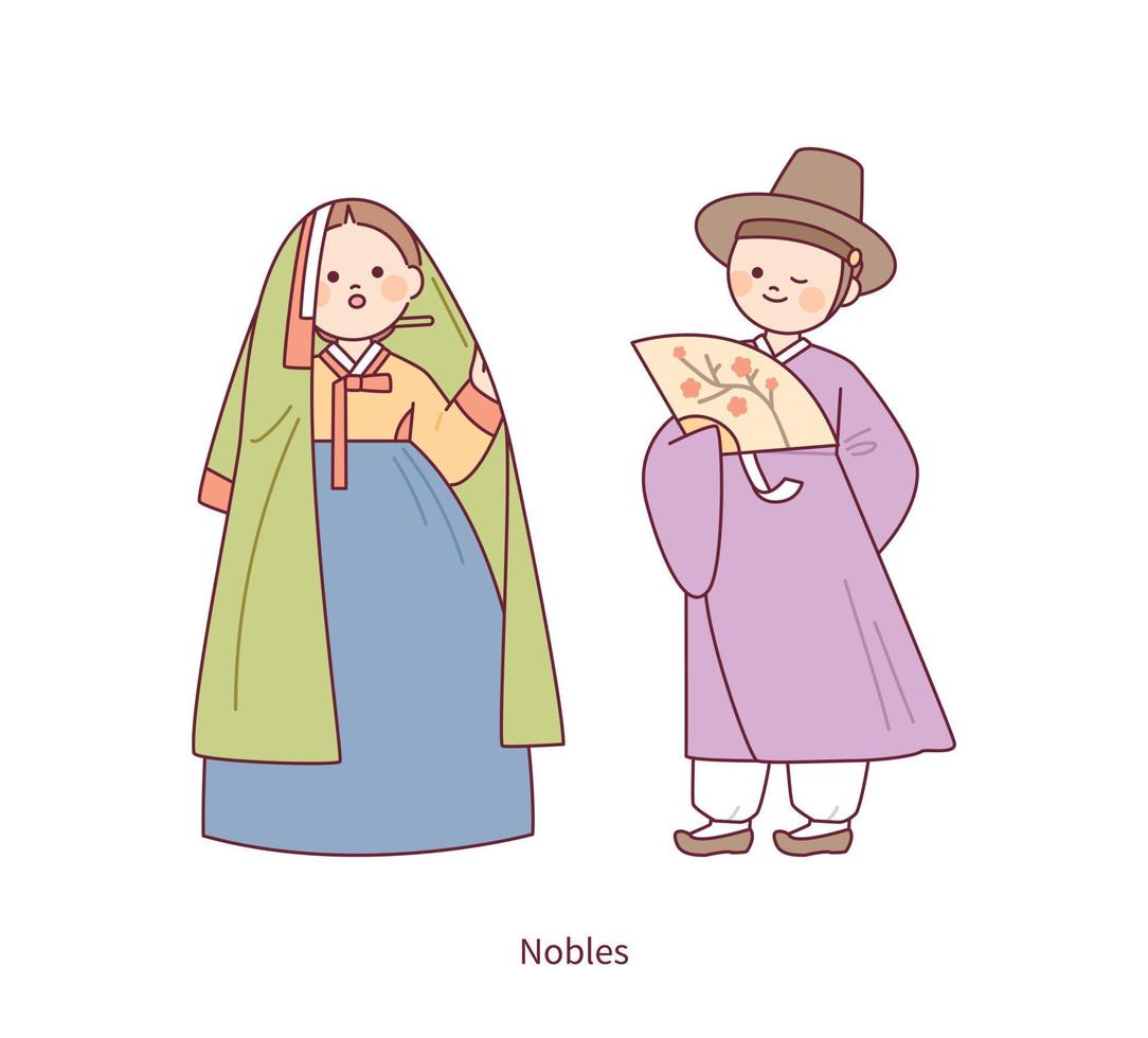 disfraces de joseon, un viejo país en corea. personajes femeninos y masculinos de estatus aristocrático. vector