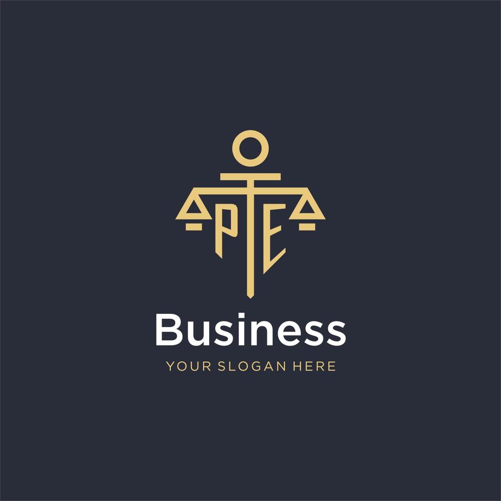 PE initial monogram logo with scale and pillar style design vector
