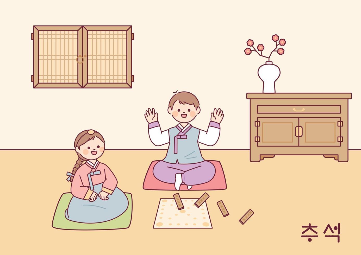 juego tradicional coreano. dos amigos están jugando yut en su habitación. habitación tradicional coreana. vector