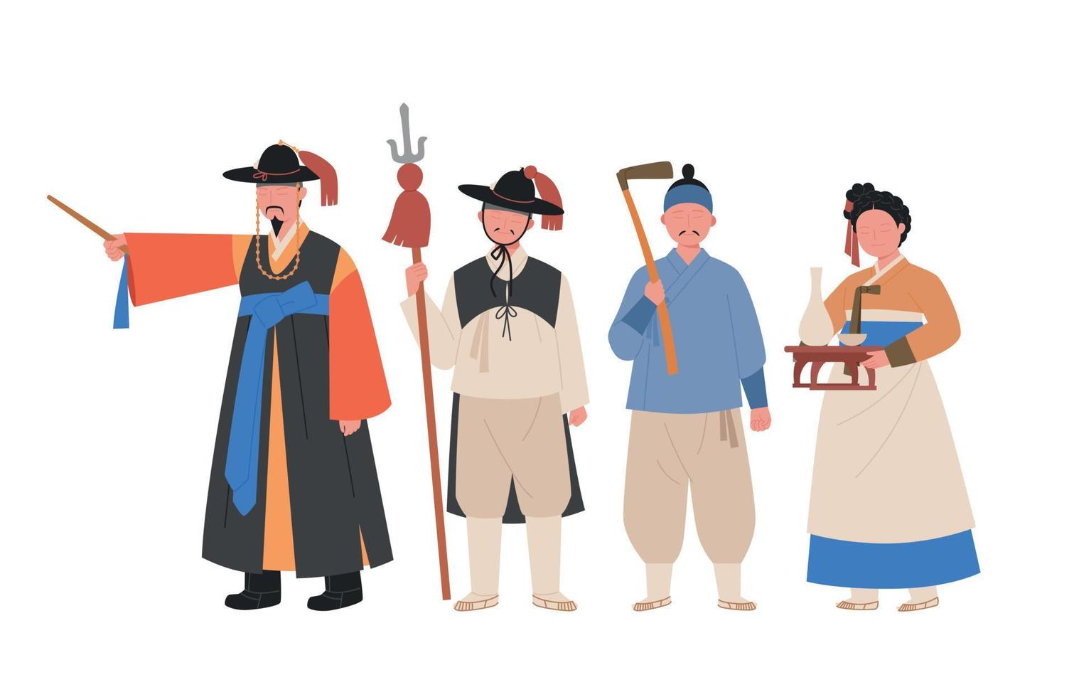 trajes de la antigua nación de corea, joseon. policías, granjeros y dueños de pubs. ilustración vectorial dibujada a mano. vector