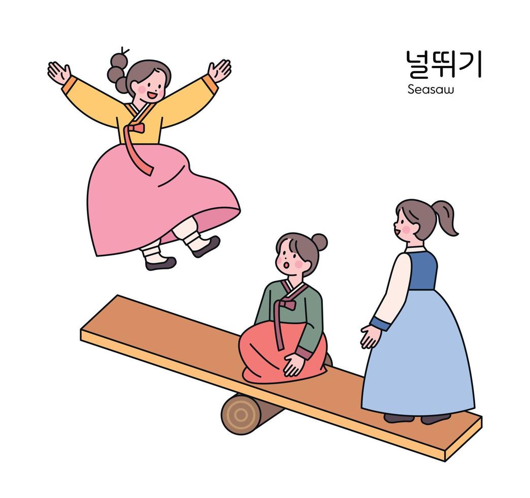 juego tradicional coreano. tres niñas que usan hanbok están montando en un balancín coreano tradicional. vector