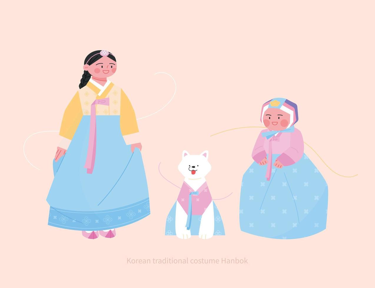 trajes de la dinastía joseon. lindas chicas con adornos en la cabeza y un perro con hanbok. vector