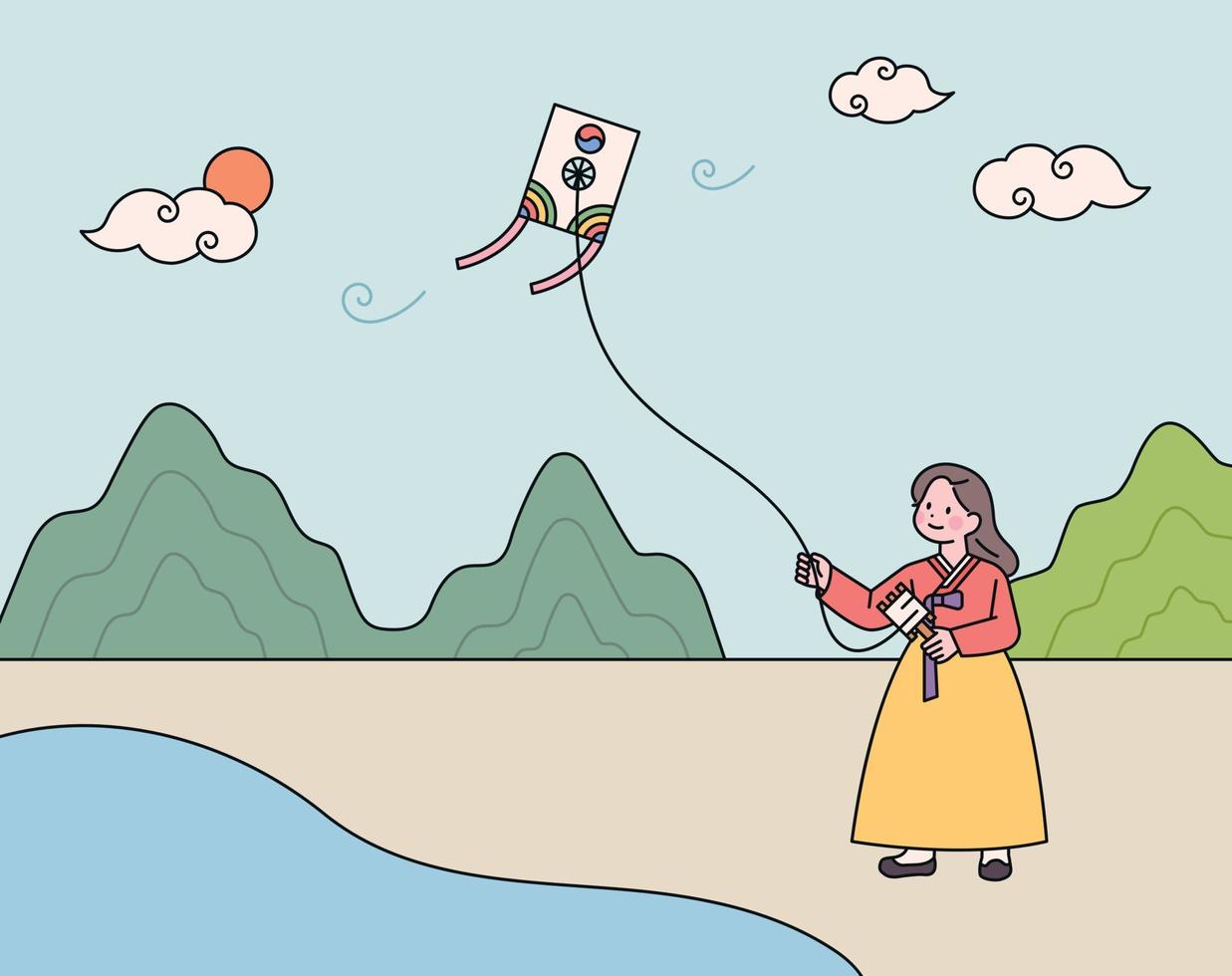 A girl wearing hanbok is flying a traditional Korean kite. vector