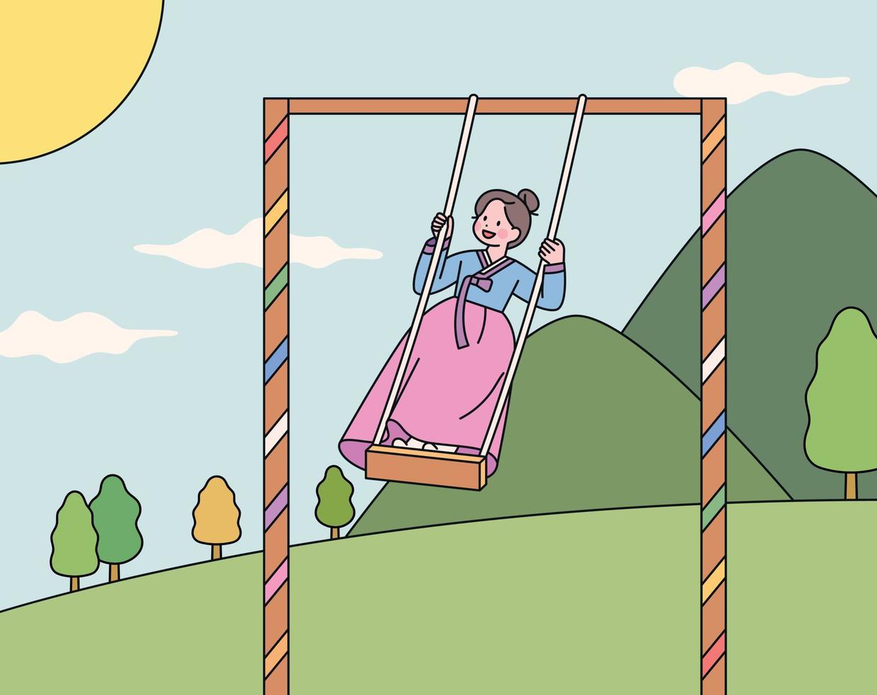 Korean traditional swing. A girl wearing a hanbok is standing on a high hanging swing. vector