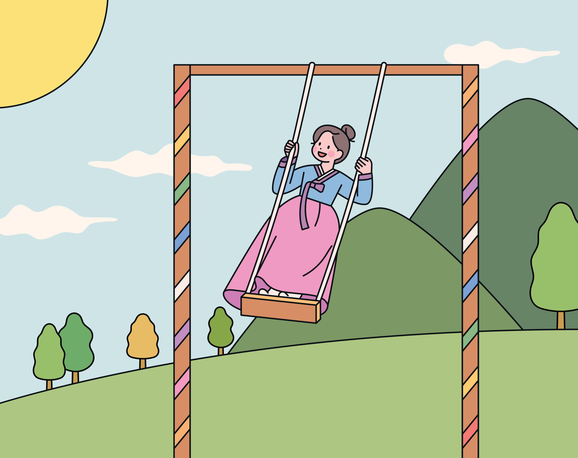 Korean traditional swing. A girl wearing a hanbok is standing on a high hanging swing. 15440597