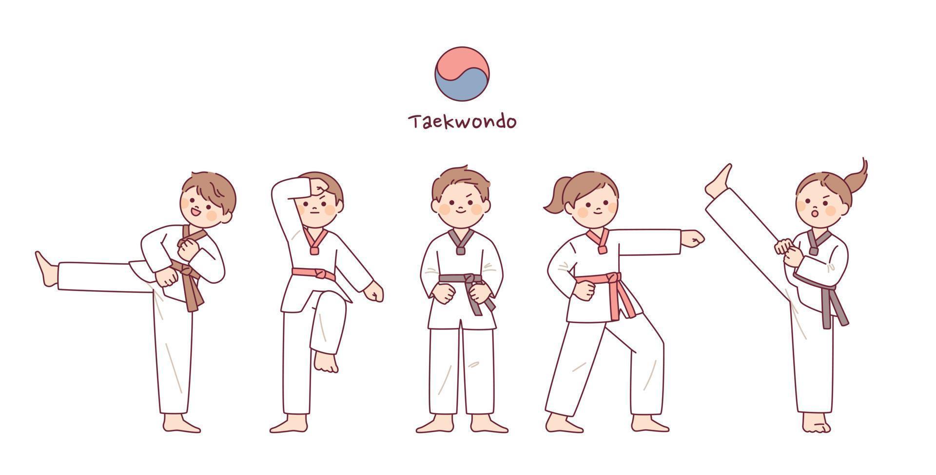 niños haciendo varios movimientos de taekwondo. vector