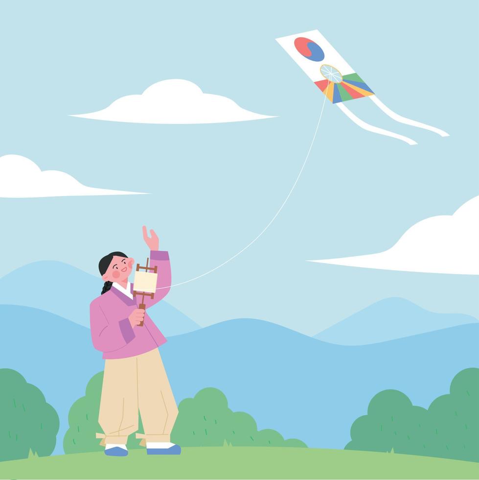 A boy wearing a hanbok is flying a kite on the hill. vector