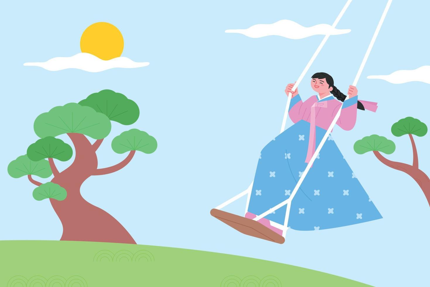 A girl wearing a hanbok is standing on a swing. Background with pine trees. vector