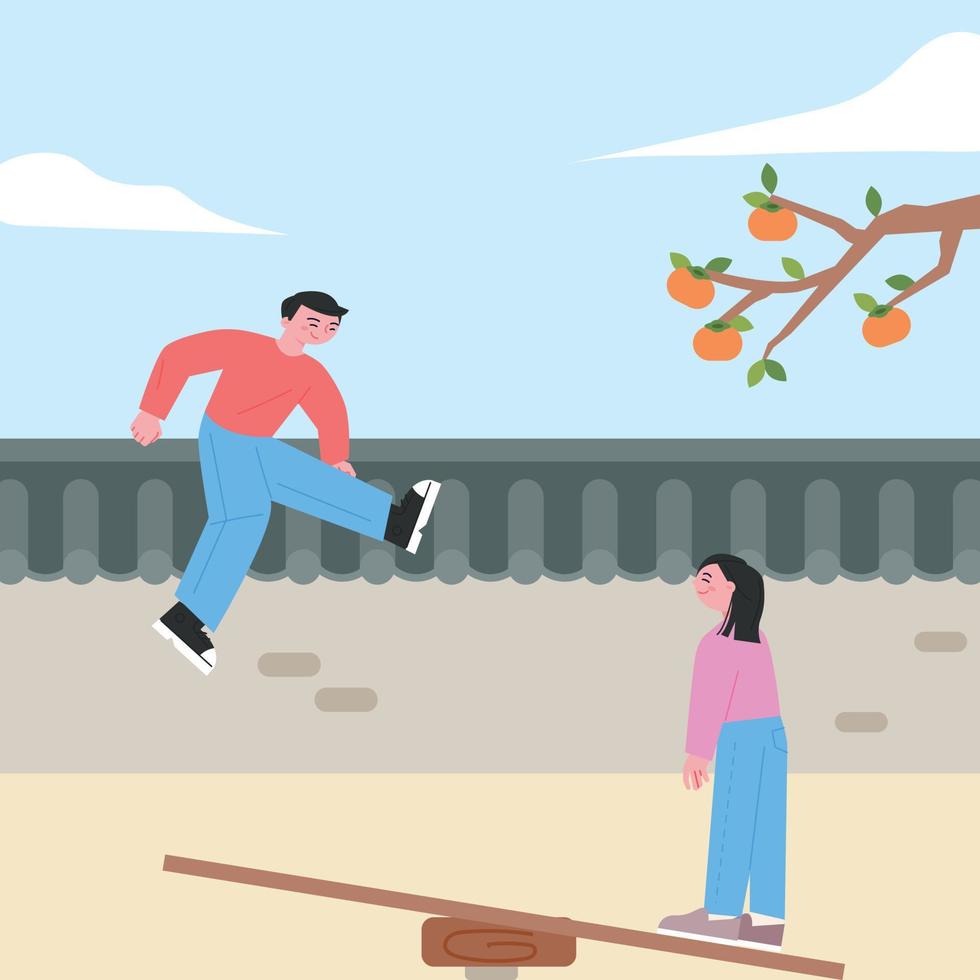 Two friends are riding a traditional Korean seesaw. vector