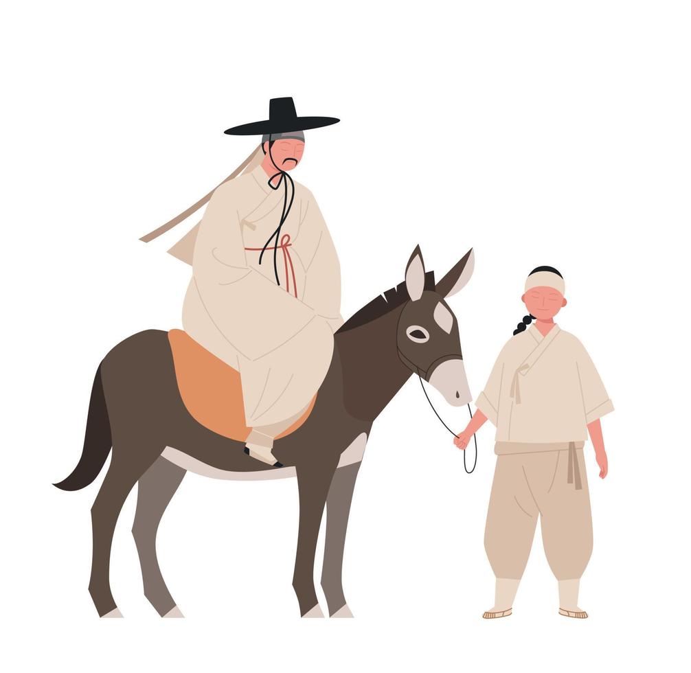 Costumes of the old nation of Korea, Joseon. Nobles and servants riding donkeys. hand drawn vector illustration.