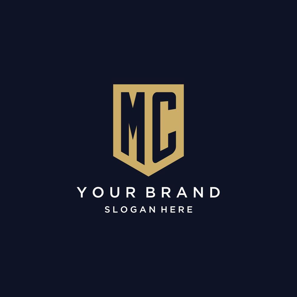 MC monogram initials logo design with shield icon vector