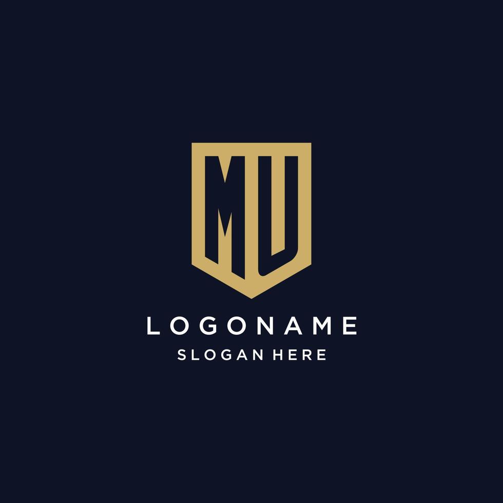 MU monogram initials logo design with shield icon vector