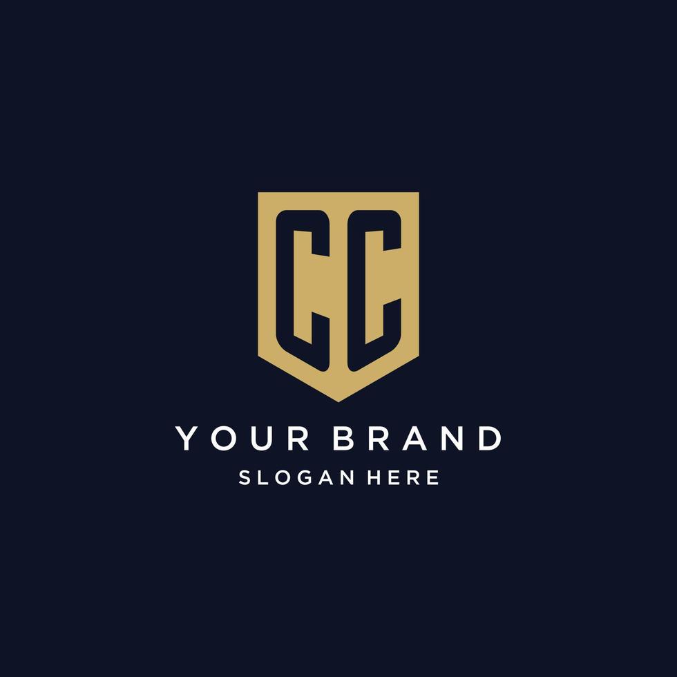CC monogram initials logo design with shield icon vector