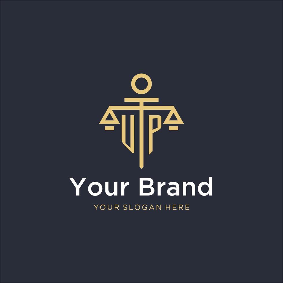 UP initial monogram logo with scale and pillar style design vector
