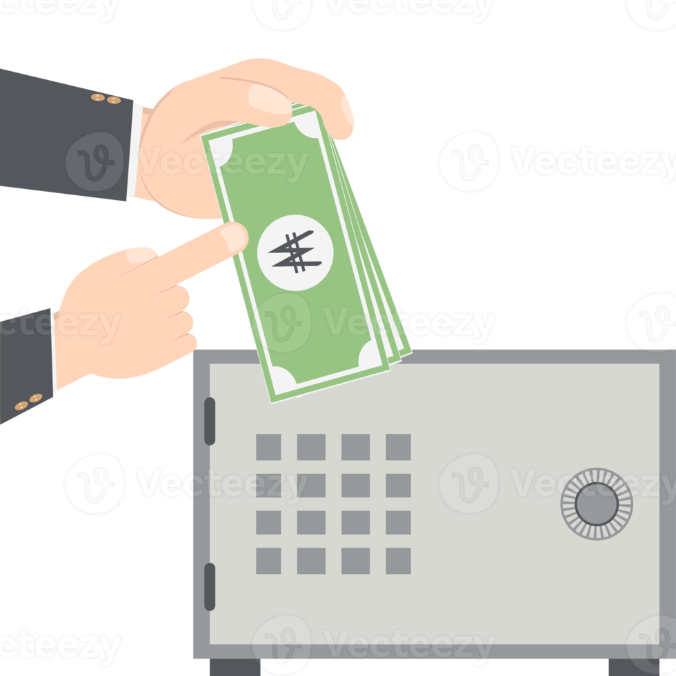bussinesman hand holding money for saving in safe deposit box png