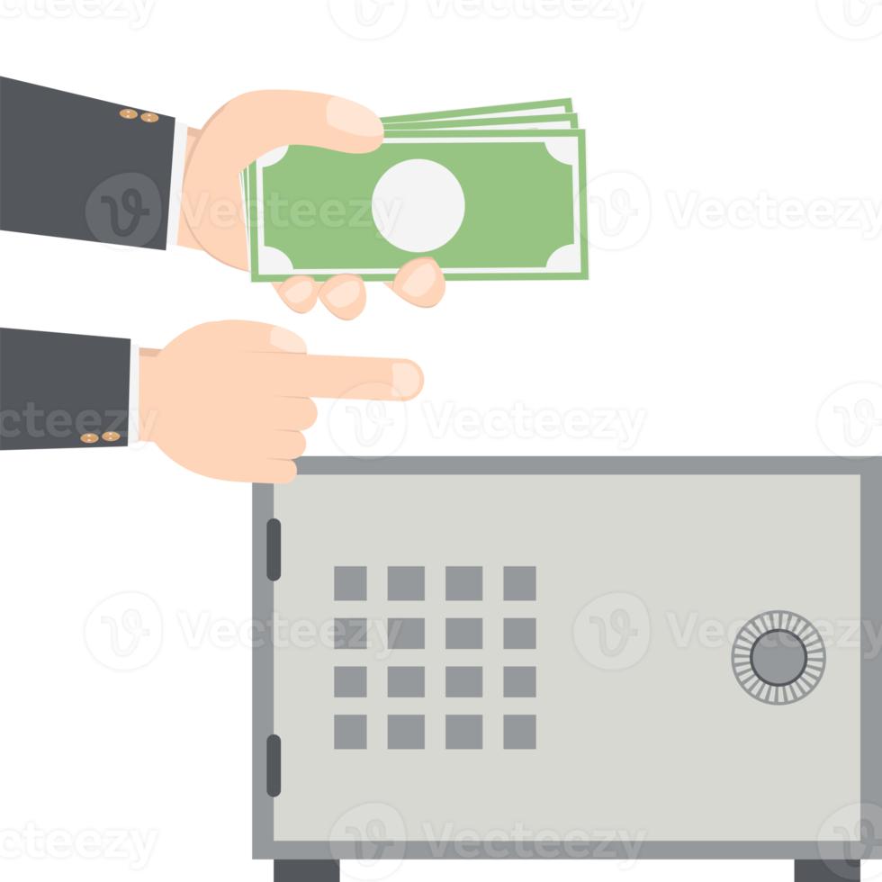 bussinesman hand holding money for saving in safe deposit box png
