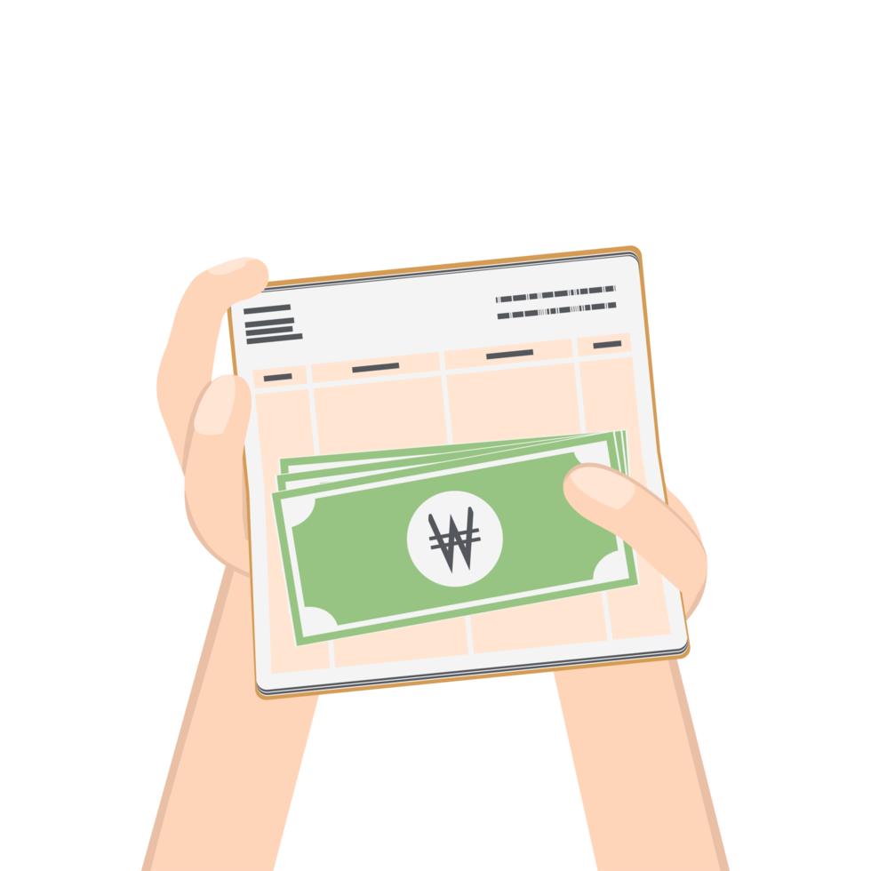 hand holding bank saving book and money collection set png
