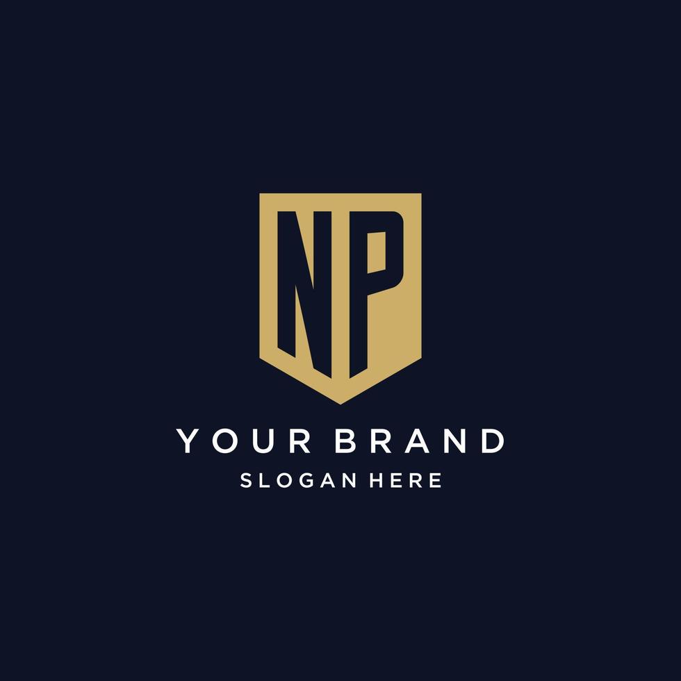 NP monogram initials logo design with shield icon vector