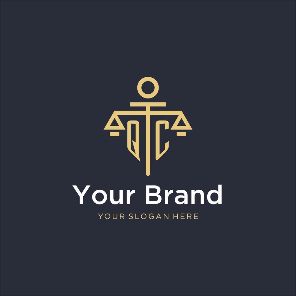 QC initial monogram logo with scale and pillar style design vector