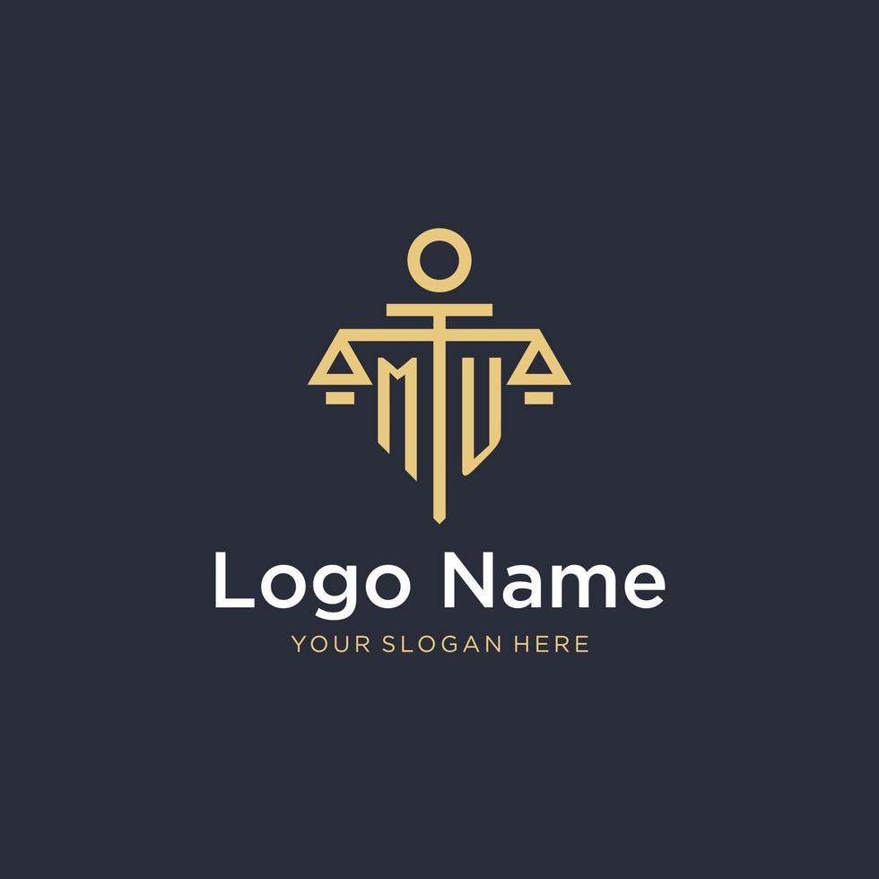 MU initial monogram logo with scale and pillar style design vector