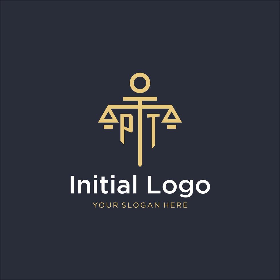 PT initial monogram logo with scale and pillar style design vector