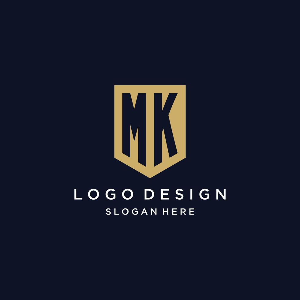 MK monogram initials logo design with shield icon vector