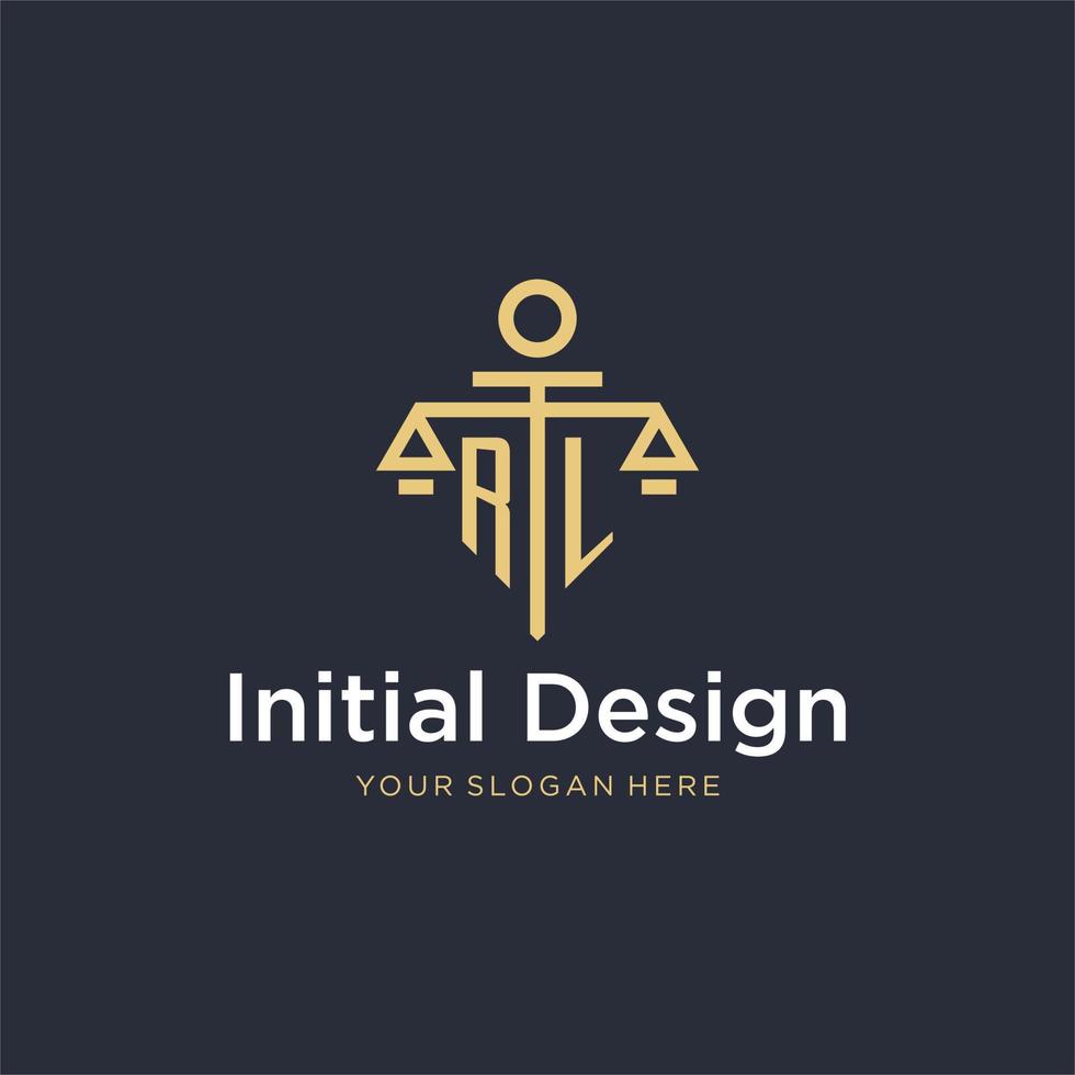 RL initial monogram logo with scale and pillar style design vector