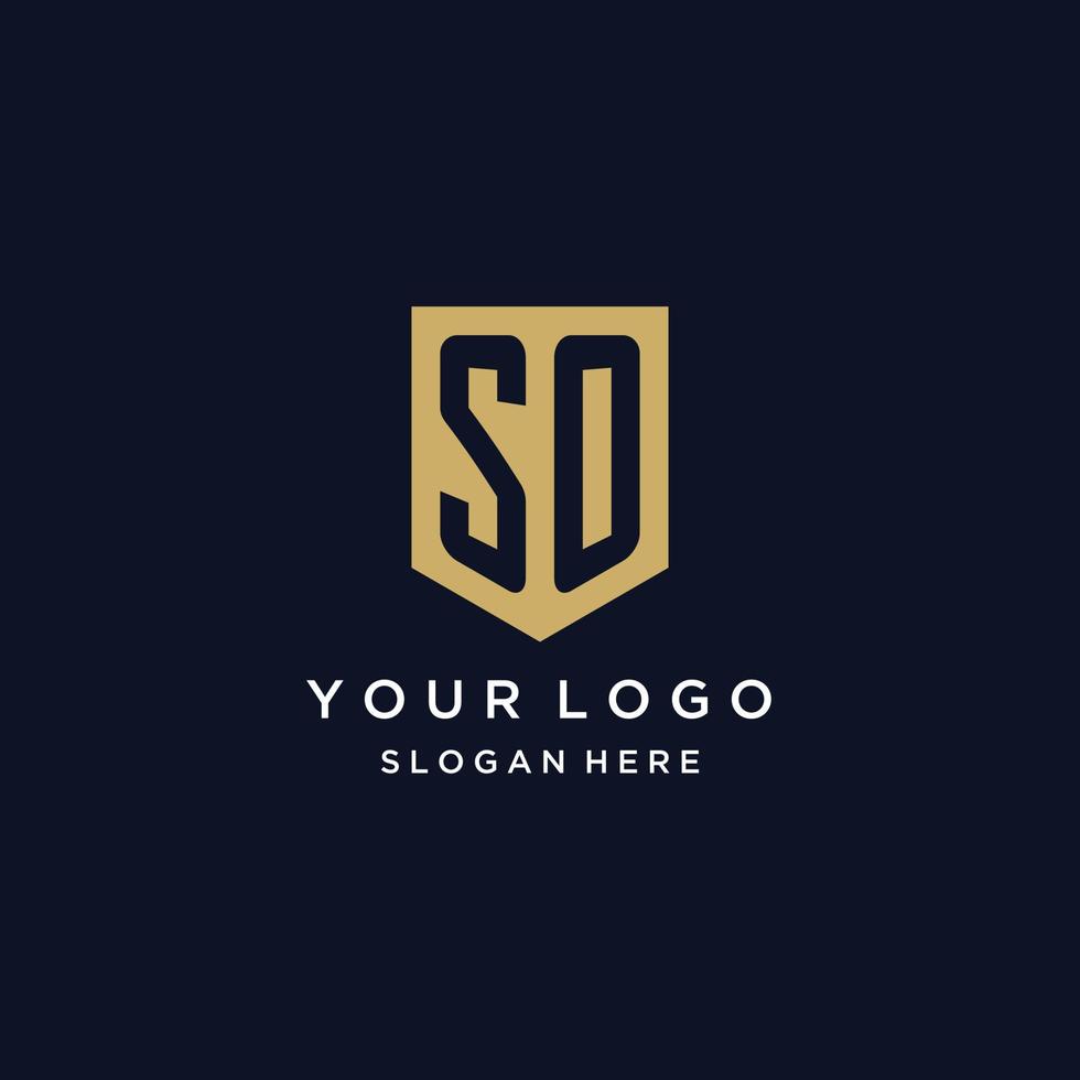 SO monogram initials logo design with shield icon vector