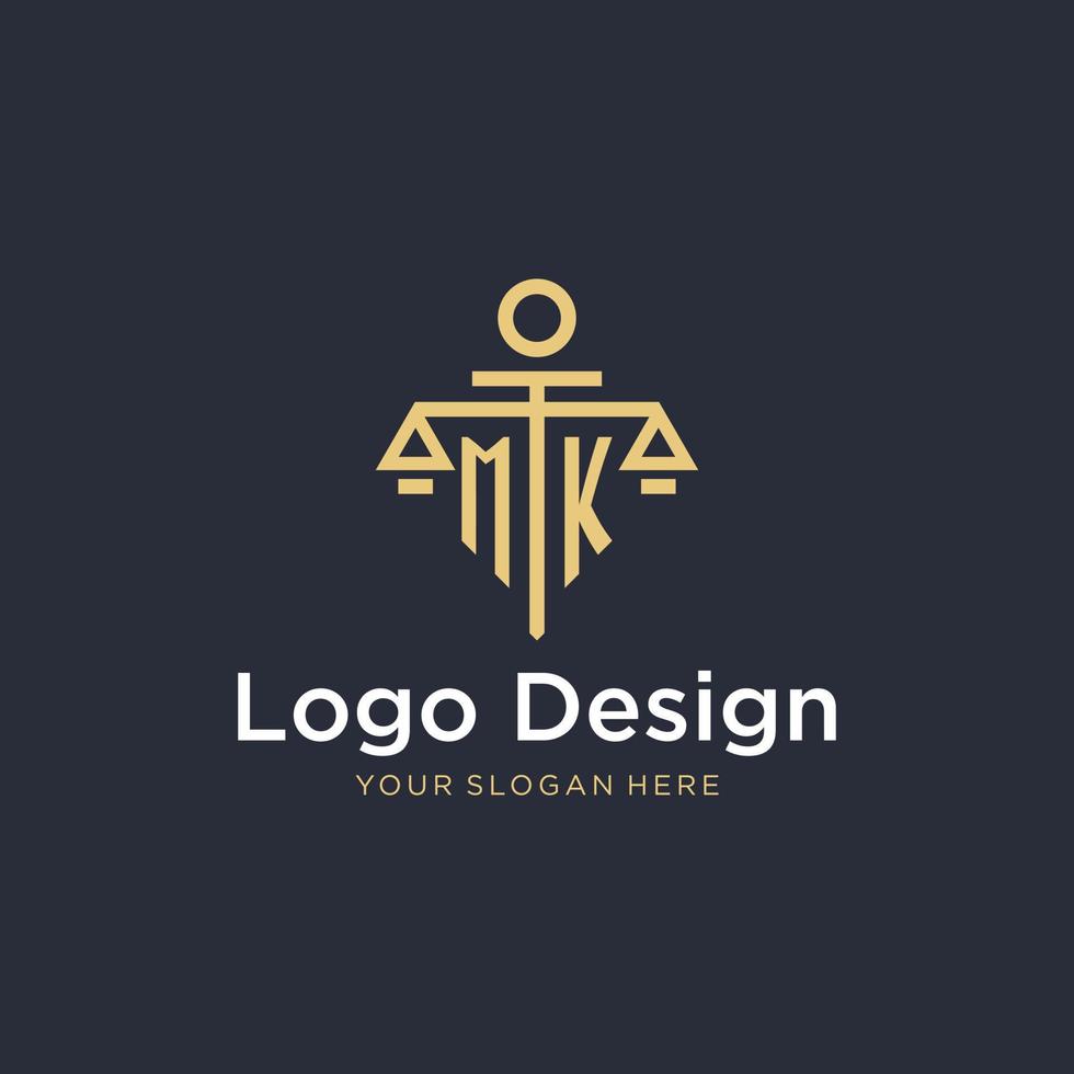 MK initial monogram logo with scale and pillar style design vector