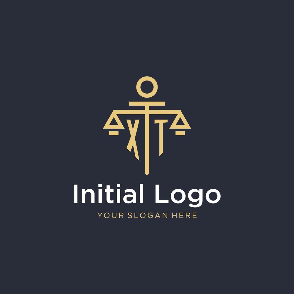 XT initial monogram logo with scale and pillar style design vector