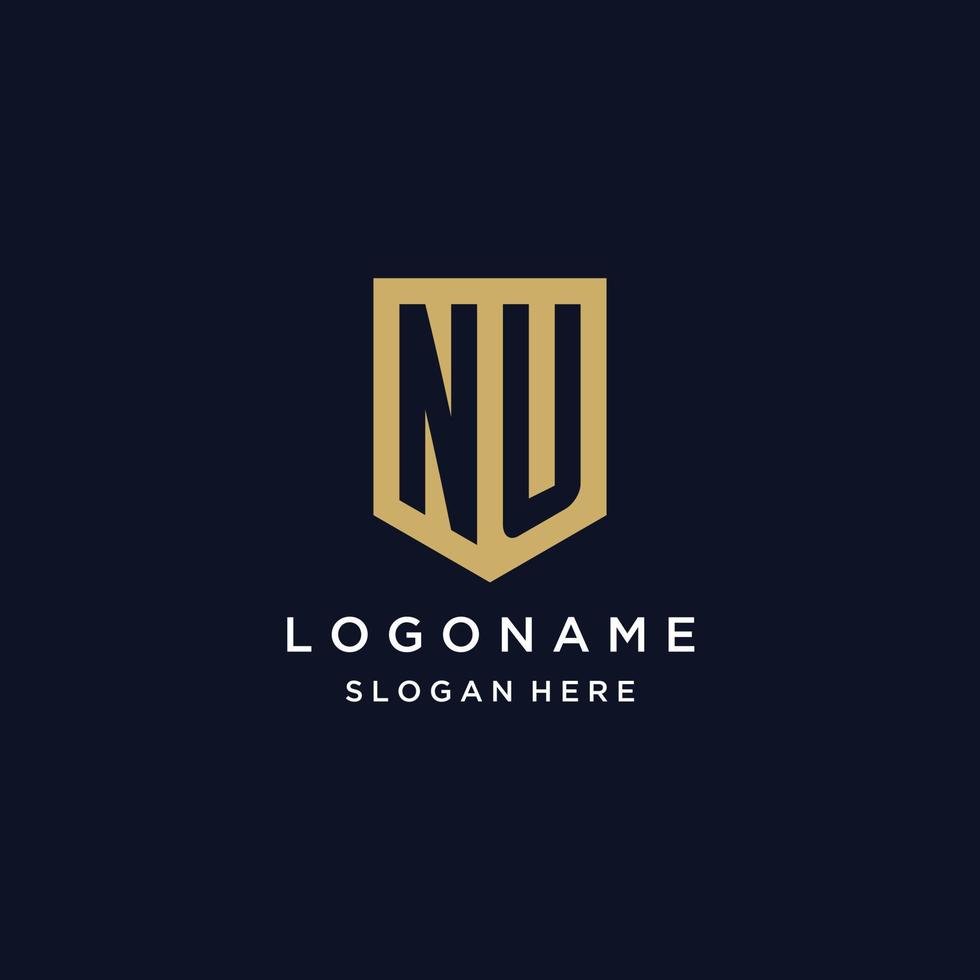 NU monogram initials logo design with shield icon vector