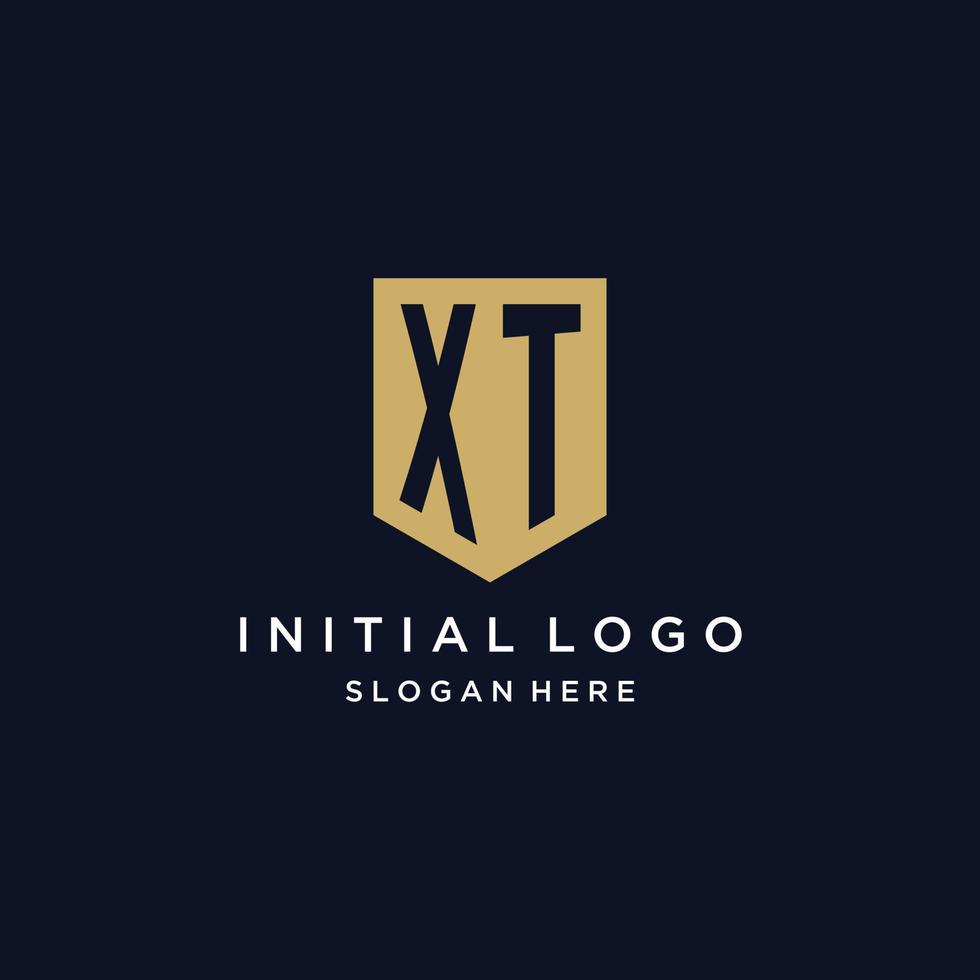 XT monogram initials logo design with shield icon vector