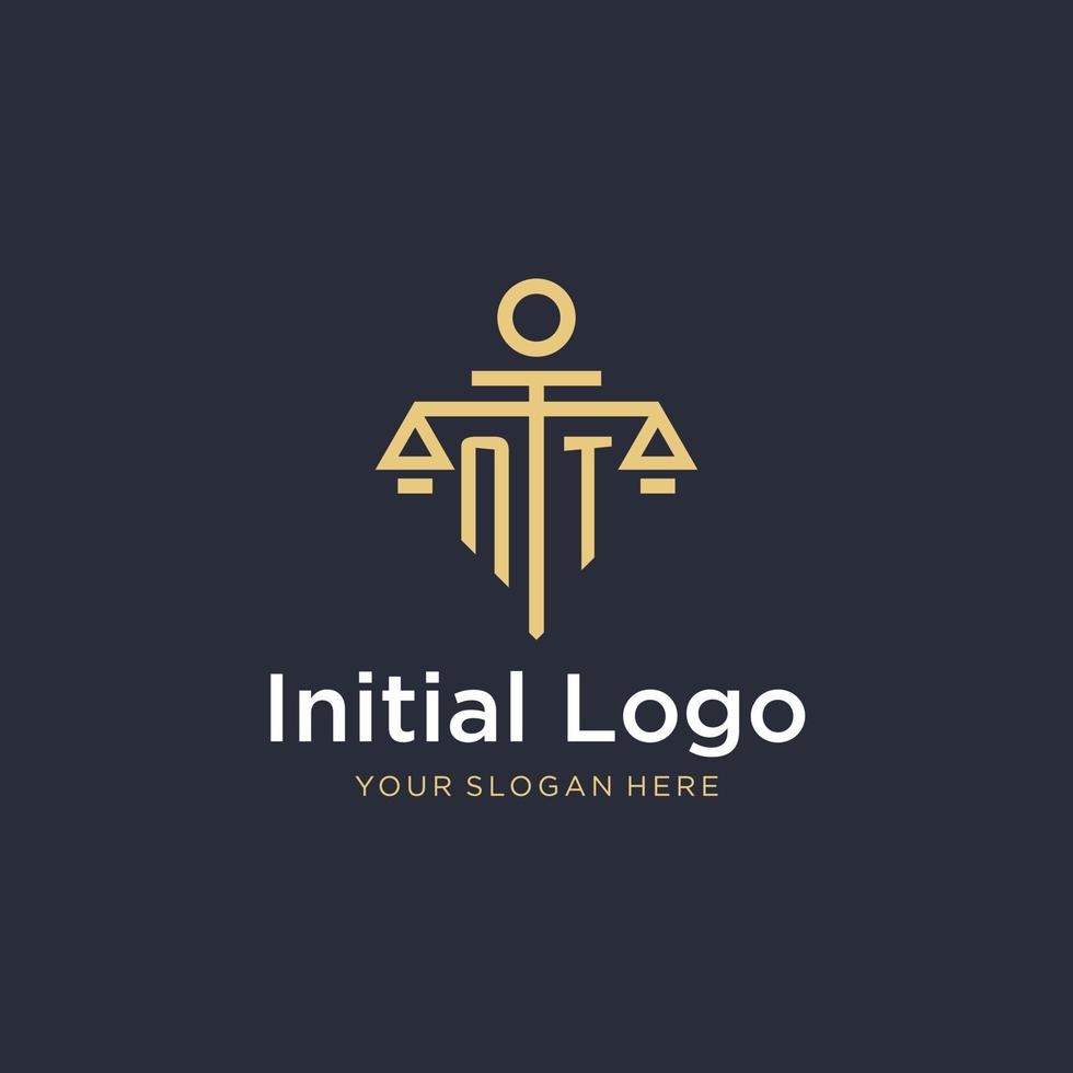 NT initial monogram logo with scale and pillar style design vector