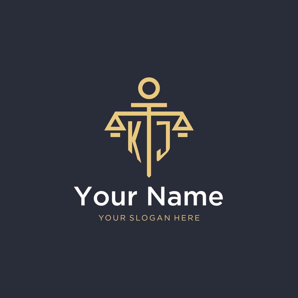KJ initial monogram logo with scale and pillar style design vector